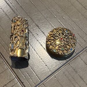 Gold Filigree Compact and Lipstick Holder with Gem Accents